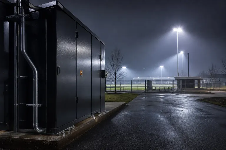 Sports field lighting at night with electrical equipment in the foreground