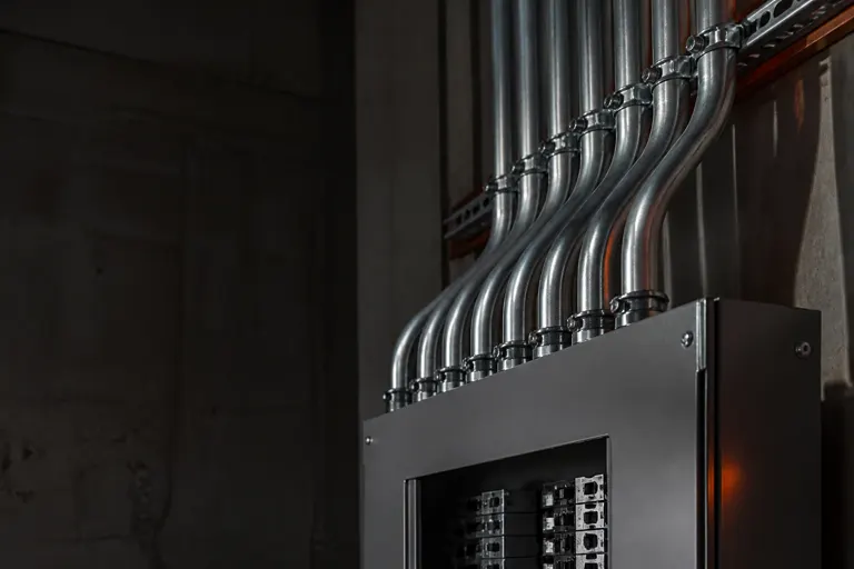 Galvanized conduit entering an electrical panel